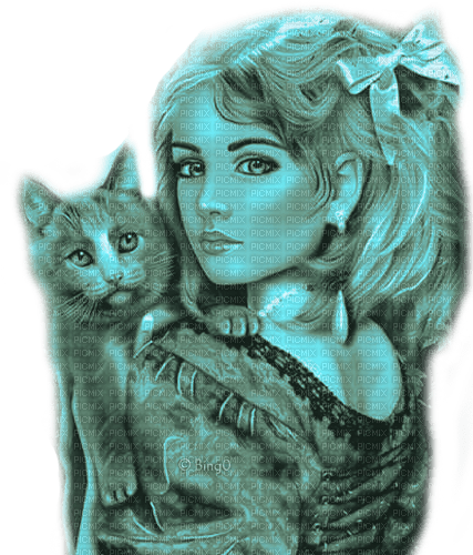 Y.A.M._Fantasy woman girl cat blue - Free PNG