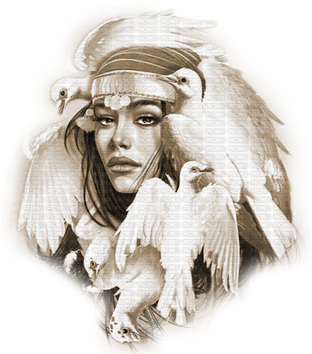 soave woman face bird dove native indian sepia - PNG gratuit