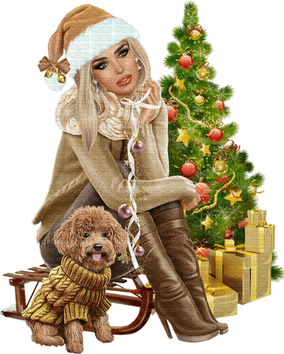 Christmas. Women. Dog. Christmas tree. Leila - kostenlos png