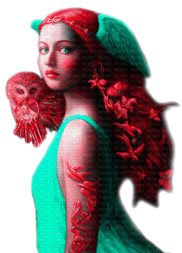 Woman.Owl.Fantasy.Red.Teal - KittyKatLuv65 - 無料png