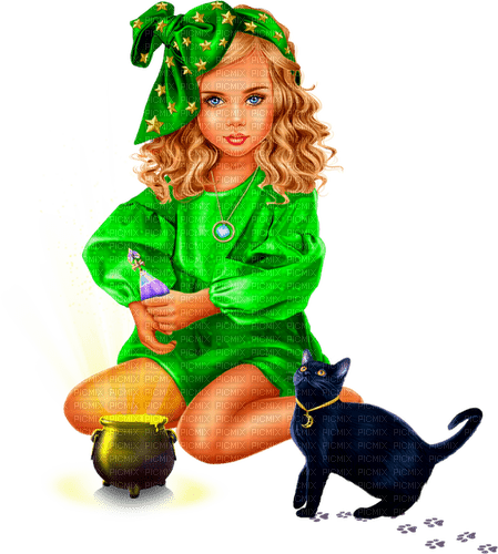 Girl.Witch.Magic.Halloween.Cat.Child.Green.Black - png gratis