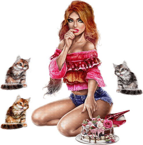 Woman. Cats. cake. Birthday. Leila - Free PNG