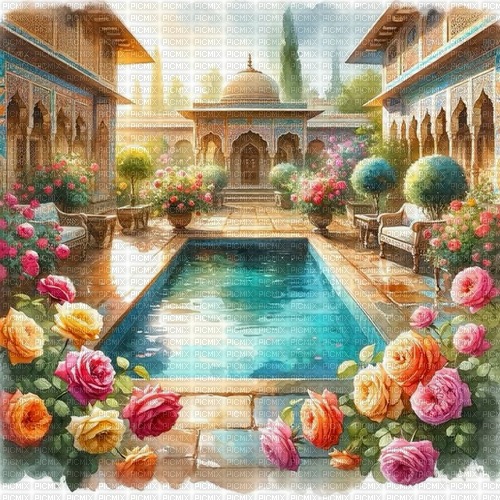fantasy flowers pool background - png gratuito