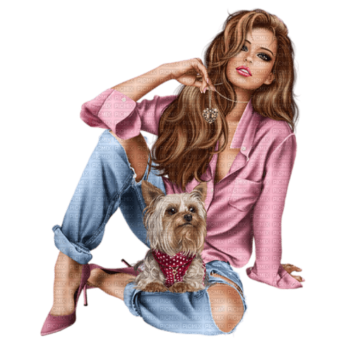 Woman with her dog. Pink and blue. Leila - gratis png