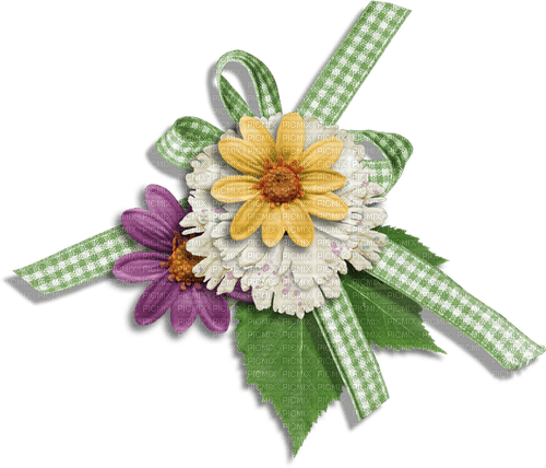 Cluster Flowers Gingham Ribbon Bow  Leaves - zdarma png