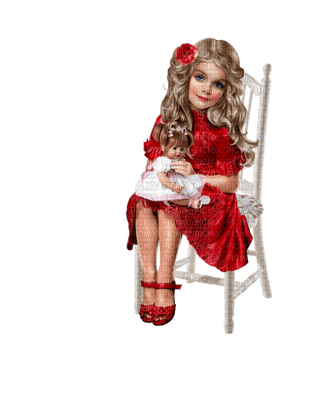 minou-girl-flicka-red-sitter på stol-sitting-chair-docka-doll - Free PNG