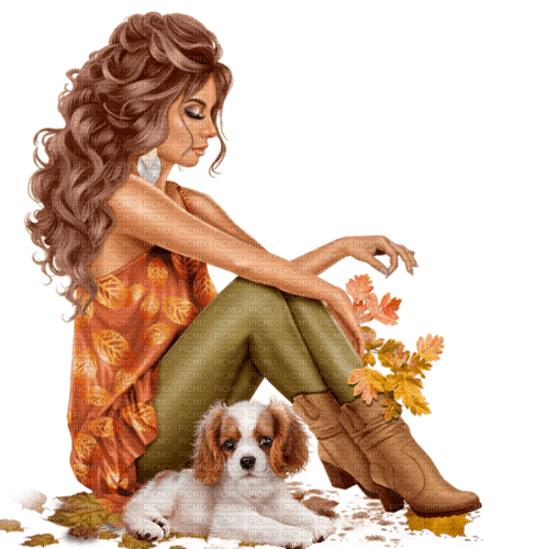 femme automne et chien - zdarma png