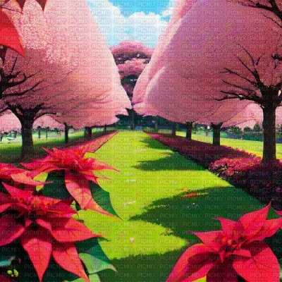 Sakura Trees with Pink Poinsettia - Free PNG