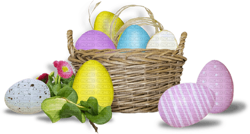 Basket.Eggs.Flowers.Yellow.Pink.Purple.Blue - png gratuito