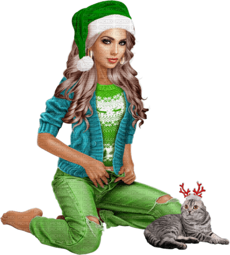 Christmas. Women. Cat. Green. Leila - png grátis