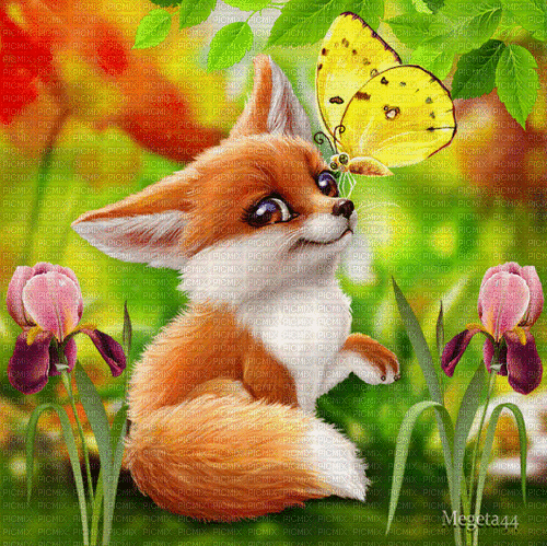 Cute little fox and butterfly flowers - GIF เคลื่อนไหวฟรี