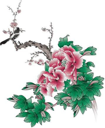 soave deco branch flowers oriental pink green - PNG gratuit