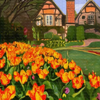 Orange Tulips and Tudor House - PNG gratuit
