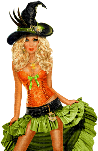 Steampunk.Woman.Witch.Halloween.Black.Green.Orange - png ฟรี