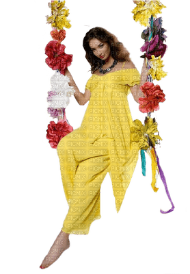Kaz_Creations Woman Femme Sitting On Swing Yellow Flowers - PNG gratuit