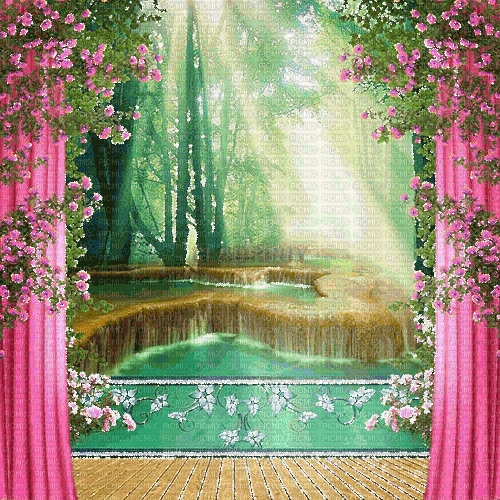 dolceluna animated spring background curtains, dolceluna , animated ,  spring , background , curtains , forest , pink , green , fantasy , gif ,  glitter - Free animated GIF - PicMix