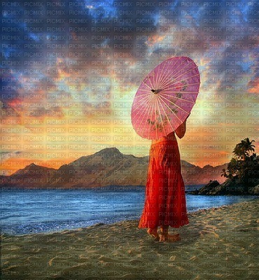 image encre couleur texture effet femme paysage parapluie eau edited by me - PNG gratuit