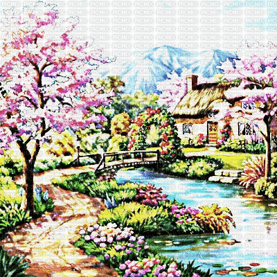 fondo casa paisaje primavera gif dubravka4 - Bezmaksas animēts GIF