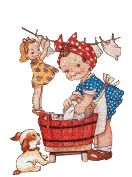 Vintage Animated Little Girls Hanging Laundry - Besplatni animirani GIF