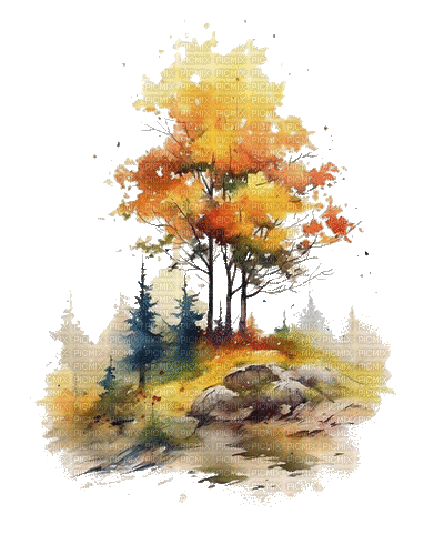 autumn watercolor, forest, aquarelle forêt - Free animated GIF