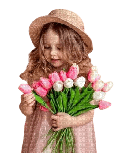 Little Girl with tulips - nemokama png