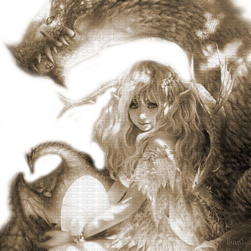 Y.A.M._Fantasy anime girl dragons sepia - PNG gratuit