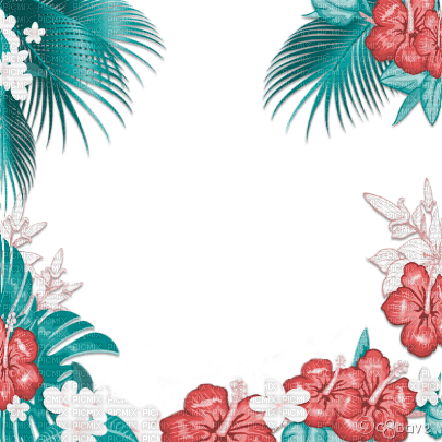 soave frame summer tropical flowers palm leaves - PNG gratuit
