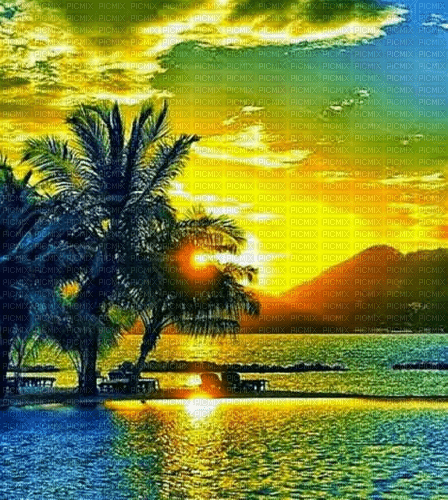 Rena Hintergrund Landschaft Meer Palmen Sunrise - Free PNG