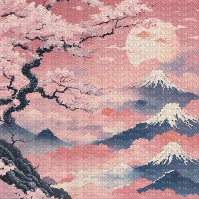 Pink Japanese Mountains and Sakura Tree - gratis png