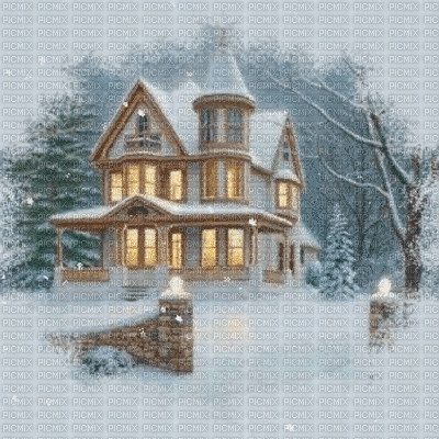 house haus maison jardin garden paysage landscape image gif anime animation  animated fond background winter hiver snow neige snowflakes snowfall, house  , haus , maison , jardin , garden , paysage ,