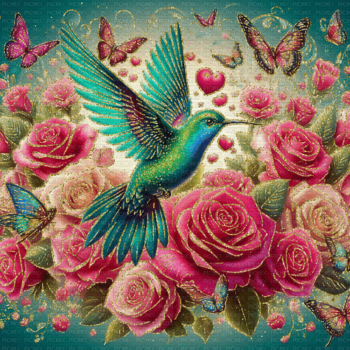 animated bird teal pink background roses - Besplatni animirani GIF