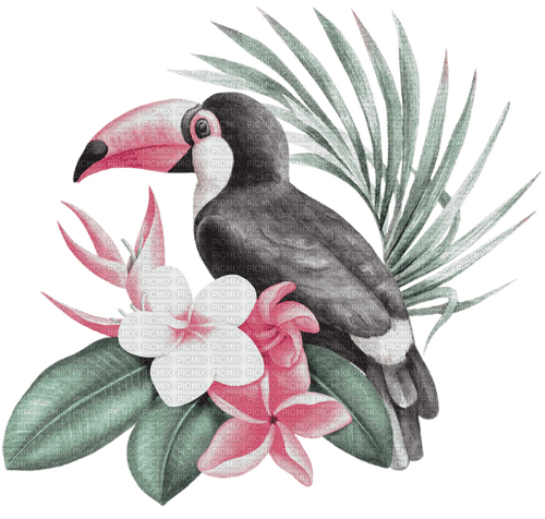 soave deco flowers  bird  summer pink green - PNG gratuit