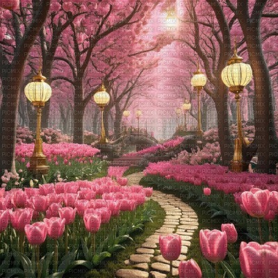 Pink Tulips with Gold Lanterns - Free PNG