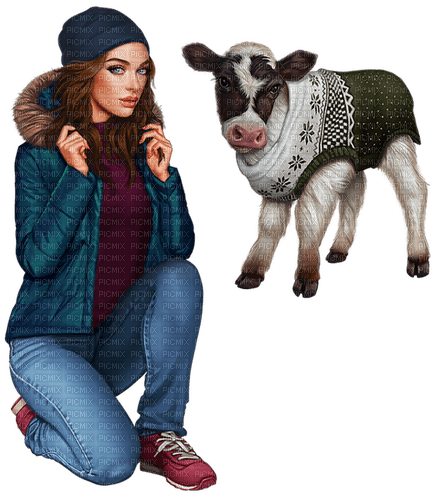 Woman. Winter. Cow, calf. Leila - Free PNG