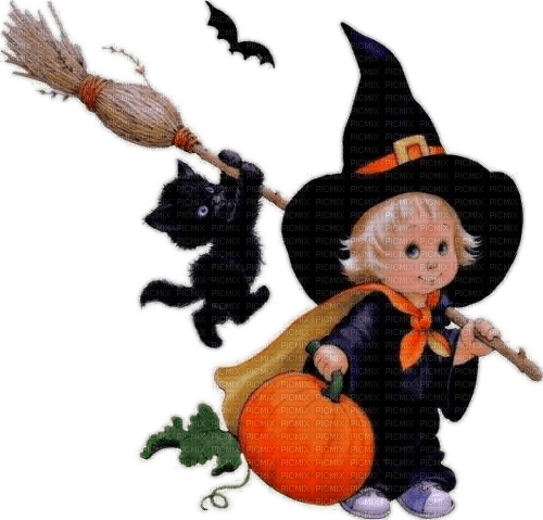 Halloween, kleine Hexe, Katze, Kürbis - PNG gratuit