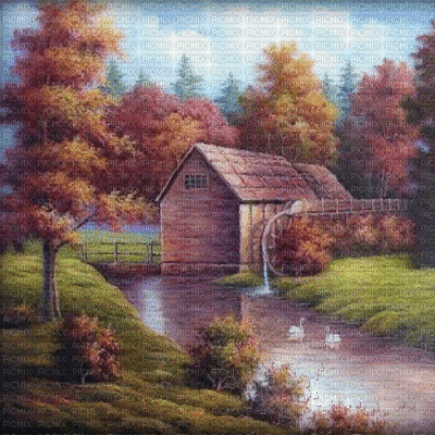 watermill autumn bg gif moulin automne fond gif - Ücretsiz animasyonlu GIF