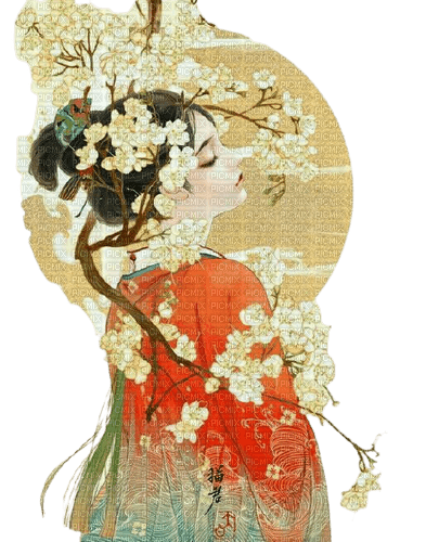 flower,girl,women,femme,moon, painting,china - bezmaksas png