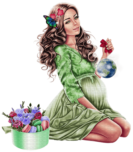 Pregnant woman. Green. Cakes. Flowers. Leila - png gratis