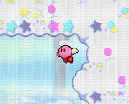cupid kirby, kibry , nintendo , angel , pixel , halo , pink , flying ,  stars , clouds , sky , float , blue , yellow , white , squeaksquad , cute ,  kawaii - Free animated GIF - PicMix