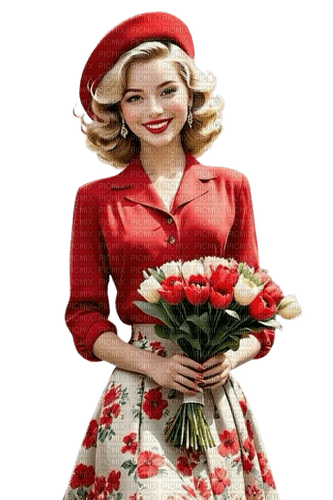 vintage woman flowers red hat - png ฟรี