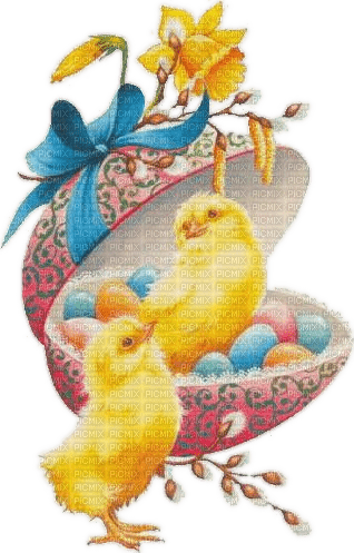 Ostern, Osterei, Küken, Blumen, Vintage - PNG gratuit