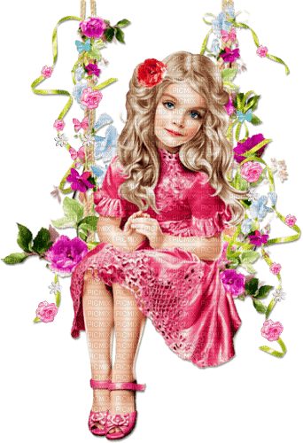 soave children girl spring flowers spring swing - PNG gratuit