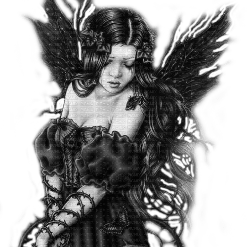 Y.A.M._Gothic fantasy angel black-white - png ฟรี