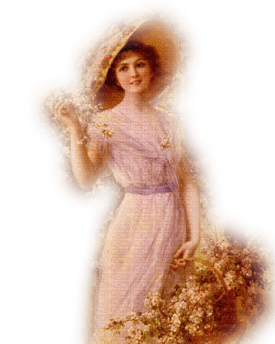 vintage woman with basket flowers - 無料png