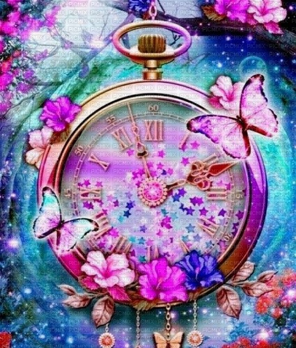 rainbow clock floral butterfly spring background - zadarmo png