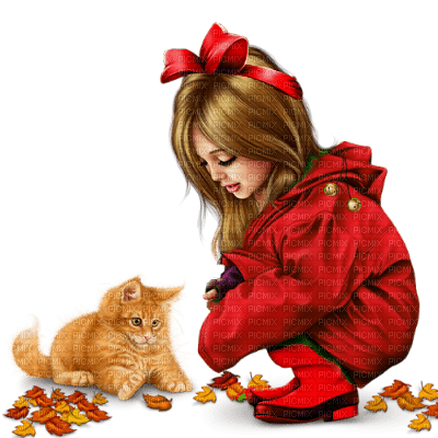 child-girl-cat-red-flicka-katt-röd - PNG gratuit