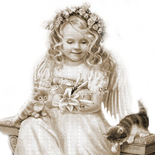Y.A.M._Fantasy girl angel cats sepia - Free PNG