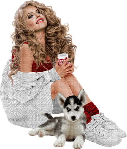 Woman with her dog. Red and white. Leila - δωρεάν png