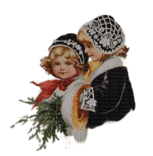 Zwei Kinder, Mädchen, Tannenzweig, Vintage - zadarmo png