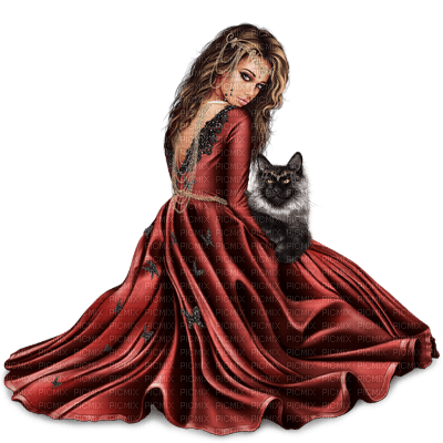 kvinna-sitter-katt-röd - ilmainen png